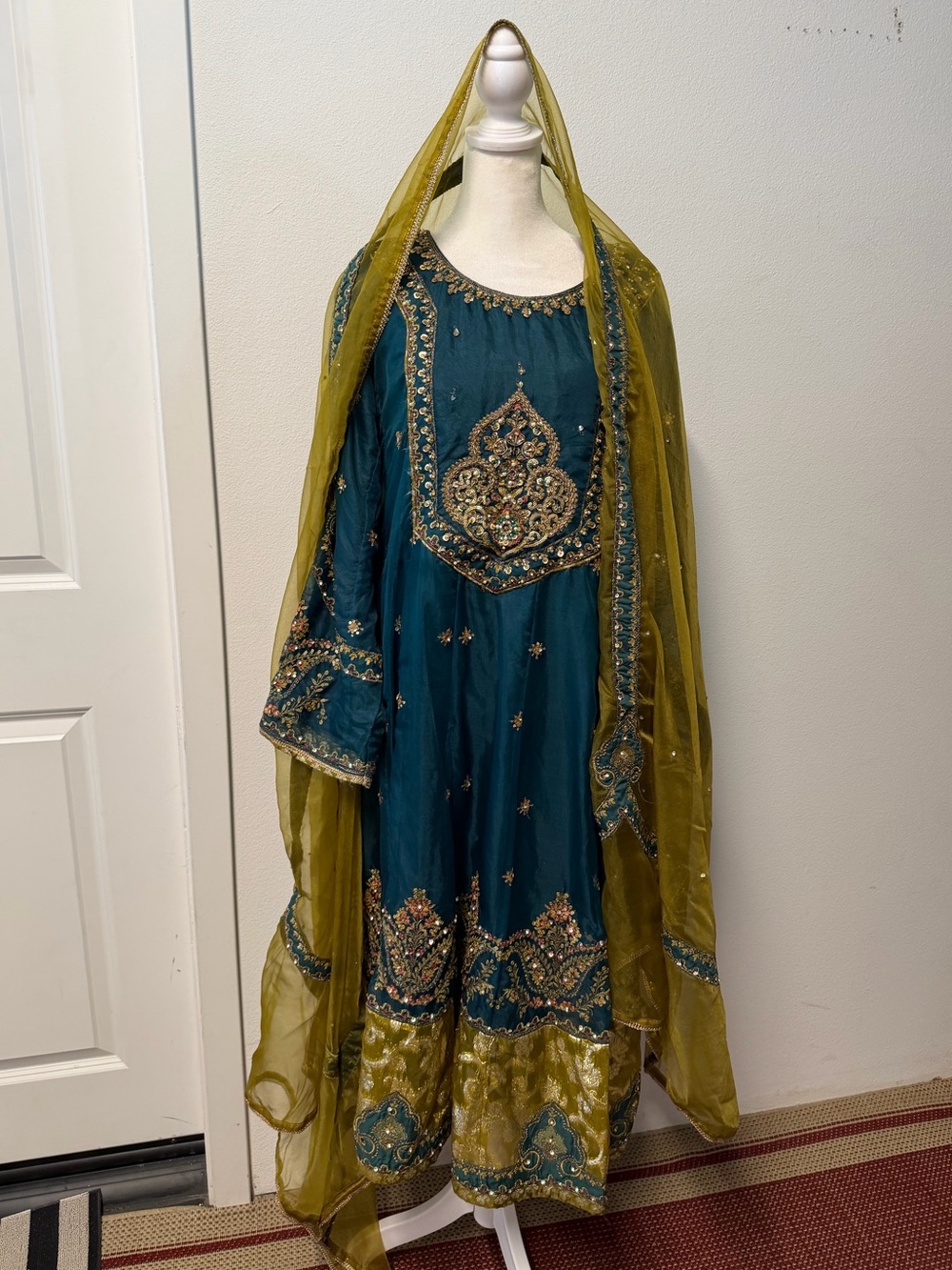KHAS Teal Green Pakistani 3 Piece Embroidered Frock Dress XL